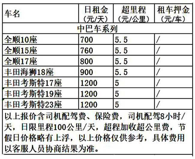 成都租中巴车价格表