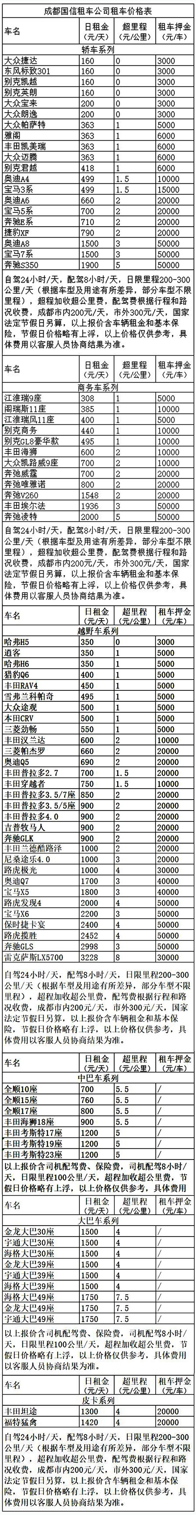 成都租车旅游价格表