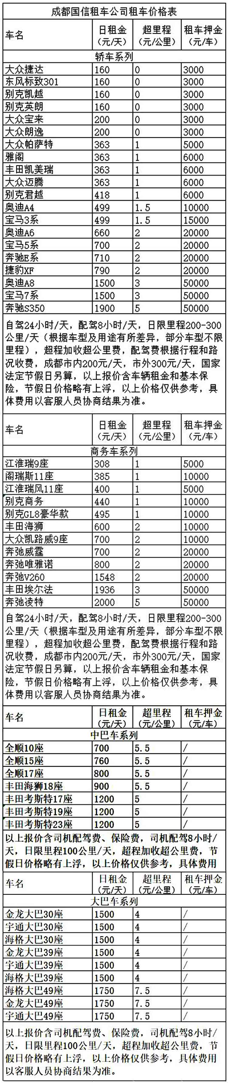 成都商务租车价格表